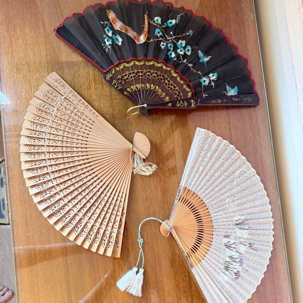 Set of Three Vintage Asian Inspired Decorative Folding Fans - Black Beige Cream